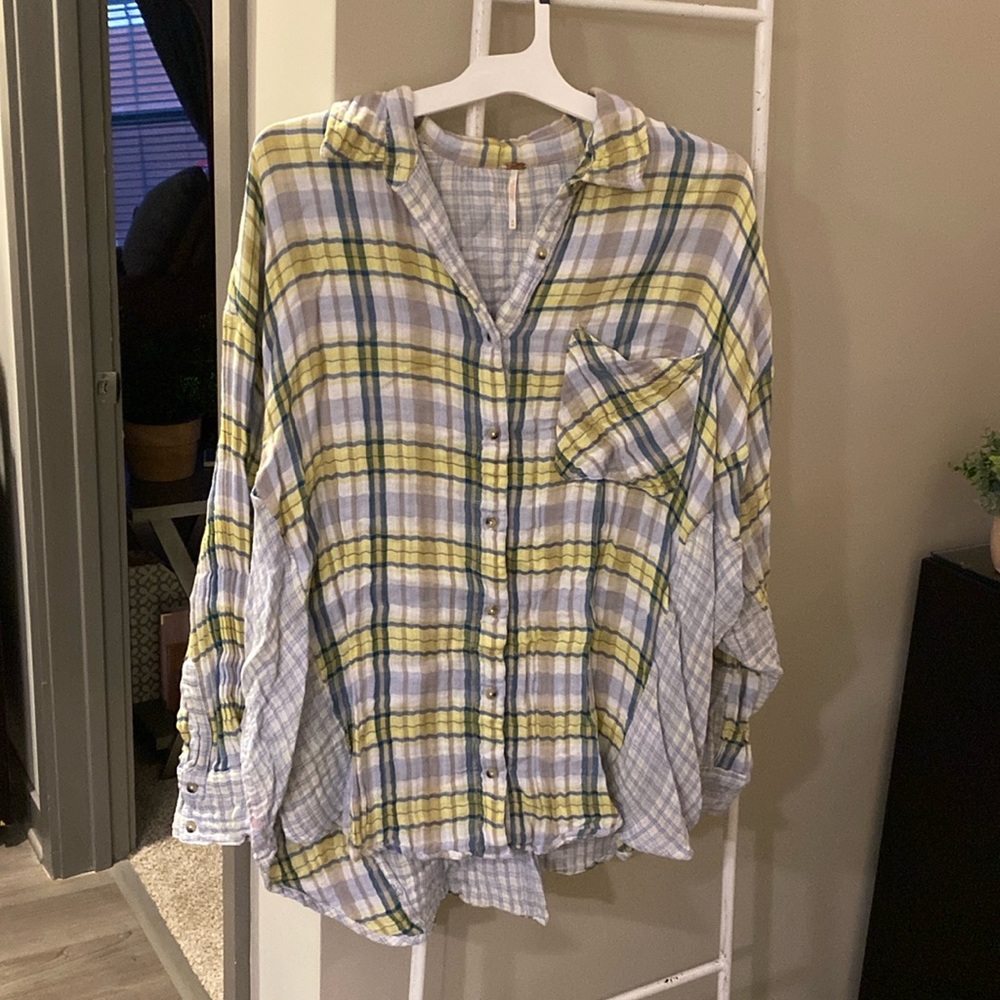 Free People Purple/Blue Cream and Yellow Plaid Button Up Shirt Size M